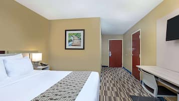 A hotel room with a bed, a desk, a chair, a nightstand, a lamp, and a framed picture on the wall.