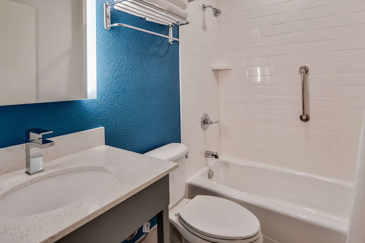 combined shower/bathtub, hair dryer, towels