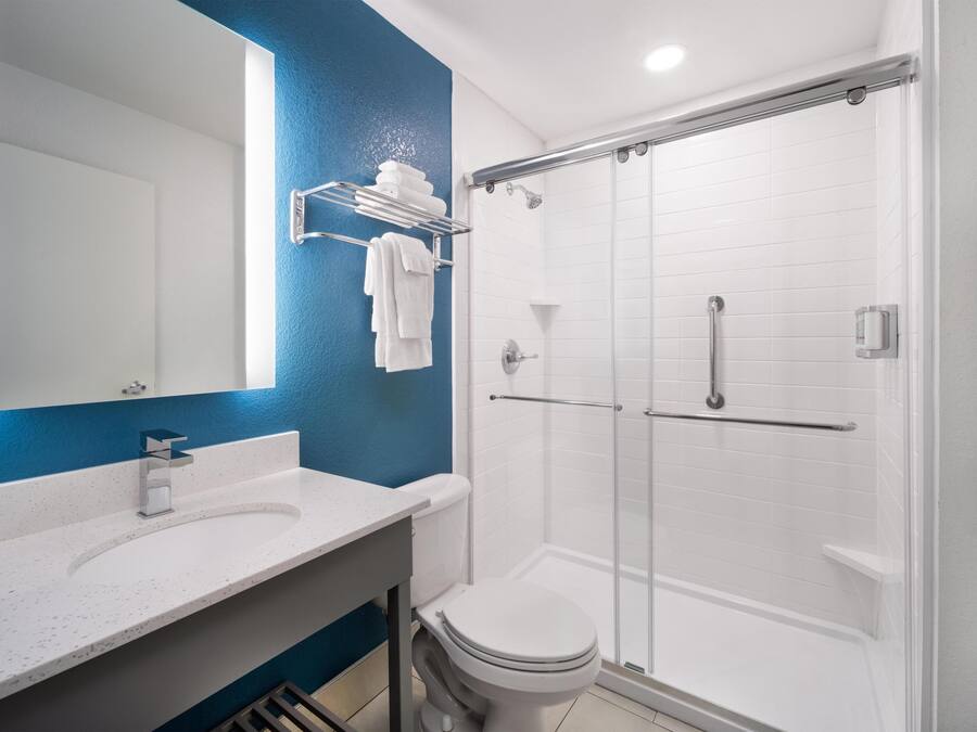 A bathroom with a white sink, a toilet, a glass shower enclosure, and a blue accent wall.