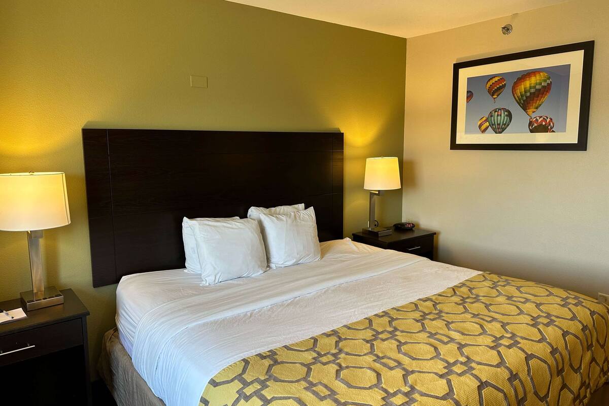 A hotel room with a large bed, two bedside tables with lamps, a framed picture on the wall, and a patterned bedspread.