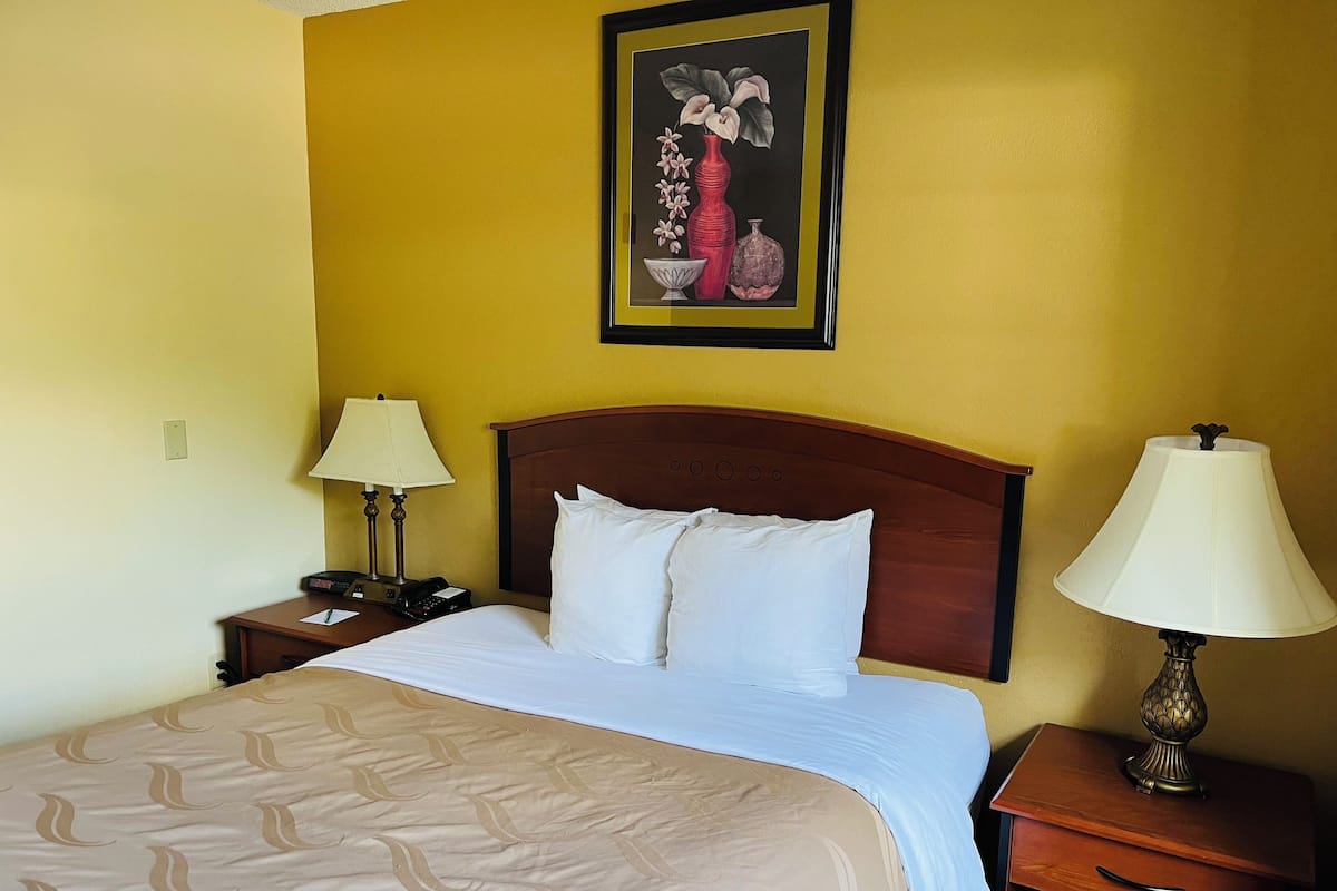 A hotel room with a bed, two bedside tables, a nightstand, a lamp, and a framed artwork on the wall.