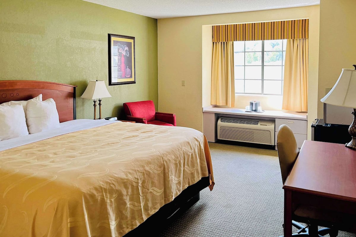 A hotel room with a large bed, a desk, a chair, a window with curtains, and a framed picture on the wall.