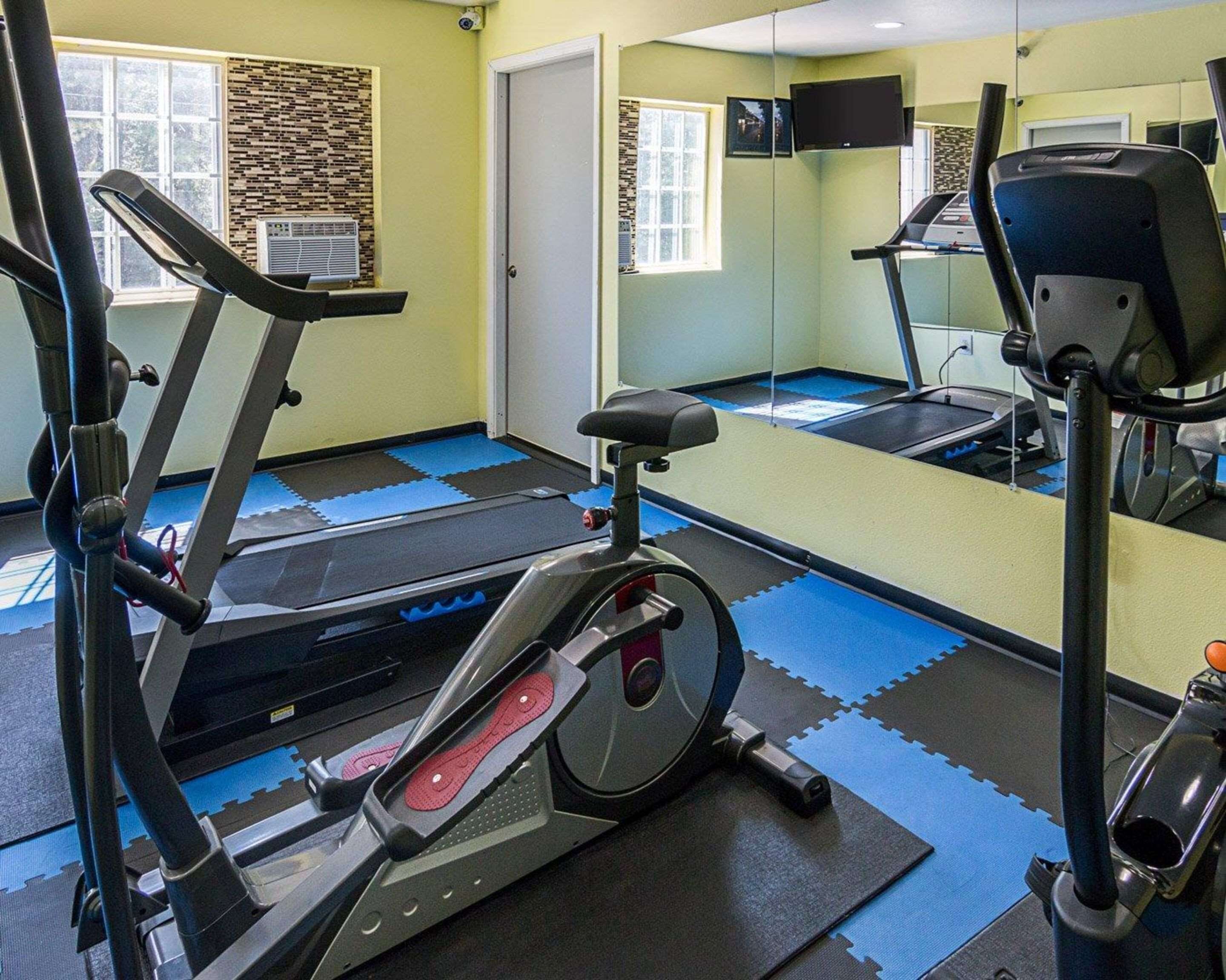 A gym with exercise equipment, a treadmill, and a mirrored wall.