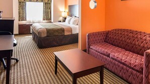 A hotel room with a bed, a sofa, a desk, and a chair.
