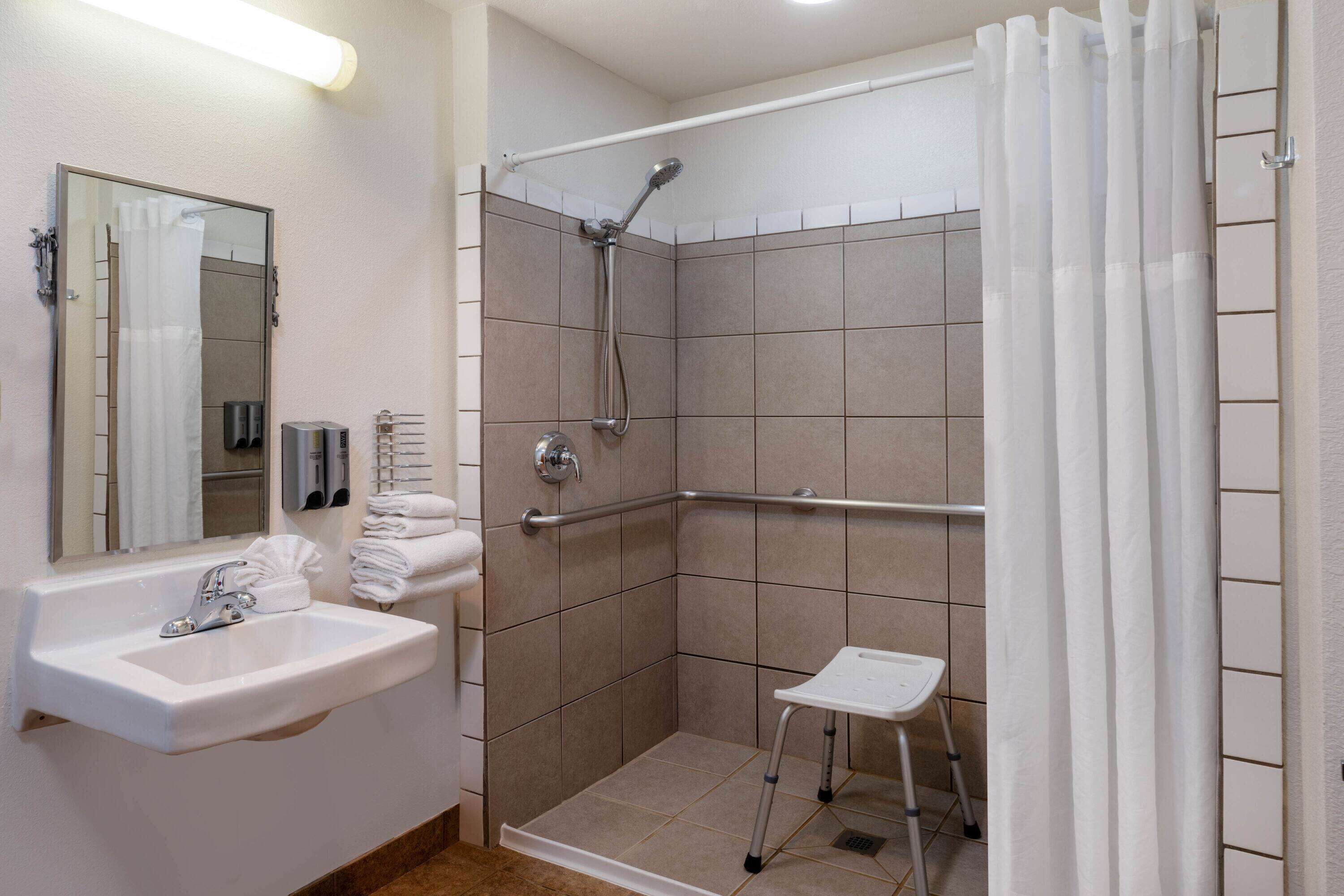 room, 1 king bed, accessible, roll-in shower, non smoking | bathroom shower