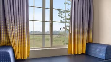 Asiento junto a la ventana con vistas a un paisaje, cortinas y una bandera.