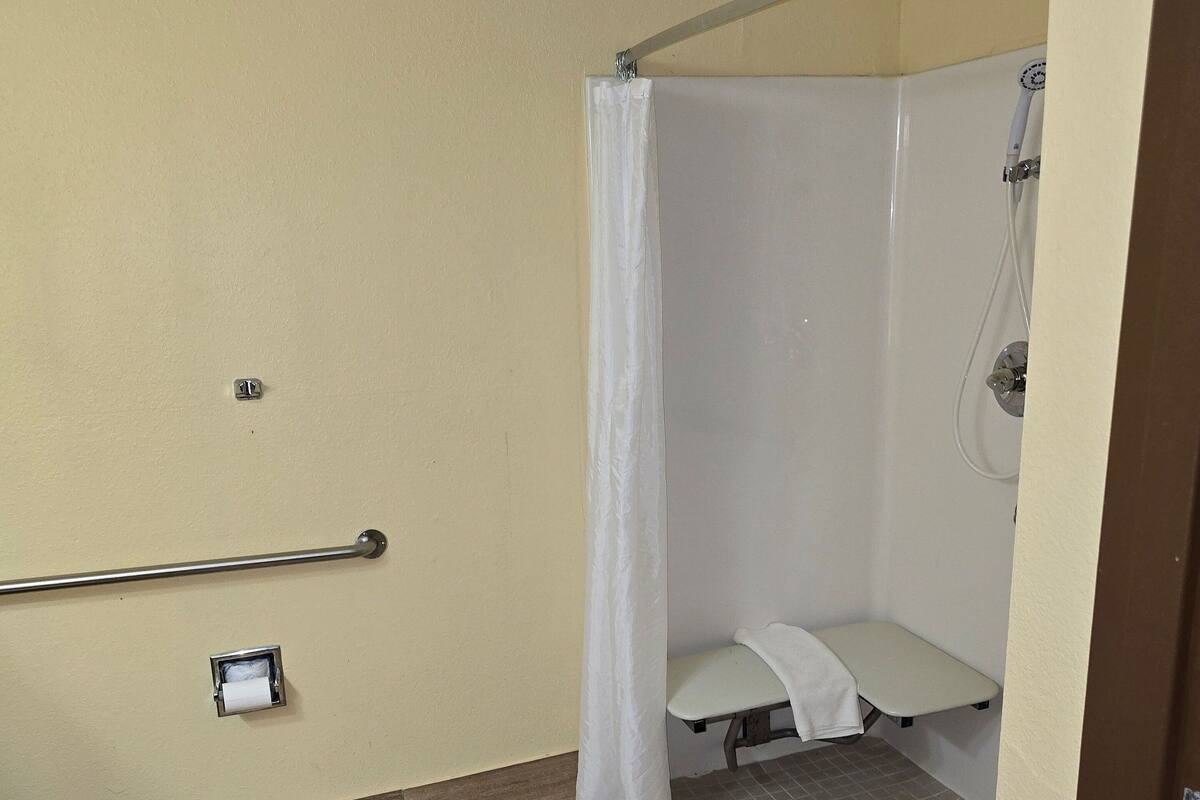 A bathroom with a wooden floor, a white shower curtain, a grab bar, and a toilet.