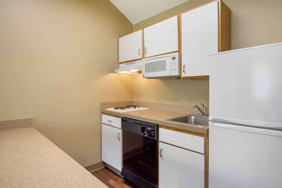 suite, 1 queen bed with sofa bed, non smoking | private kitchen | fridge, microwave, stovetop