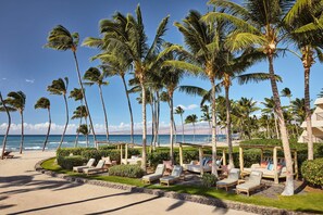 A beachside resort with palm trees, lounge chairs, and a view of the ocean.