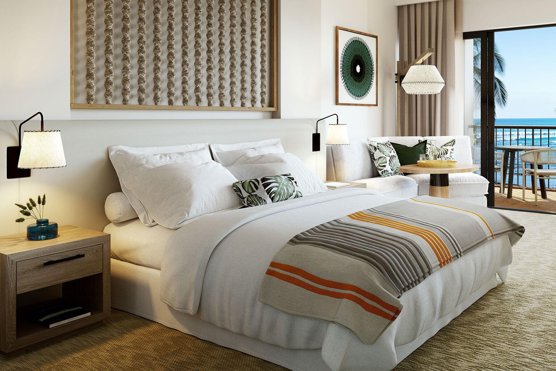 A modern hotel room with a large bed, a nightstand, a side table, a view of the ocean, and a balcony.