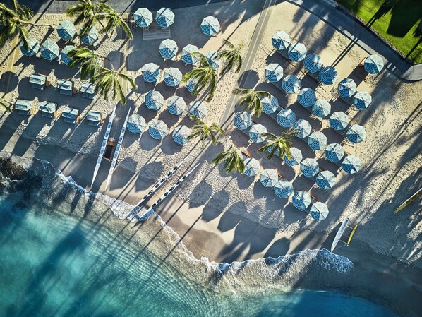 An aerial view of a beach with rows of umbrellas and lounge chairs, a pool, and palm trees.