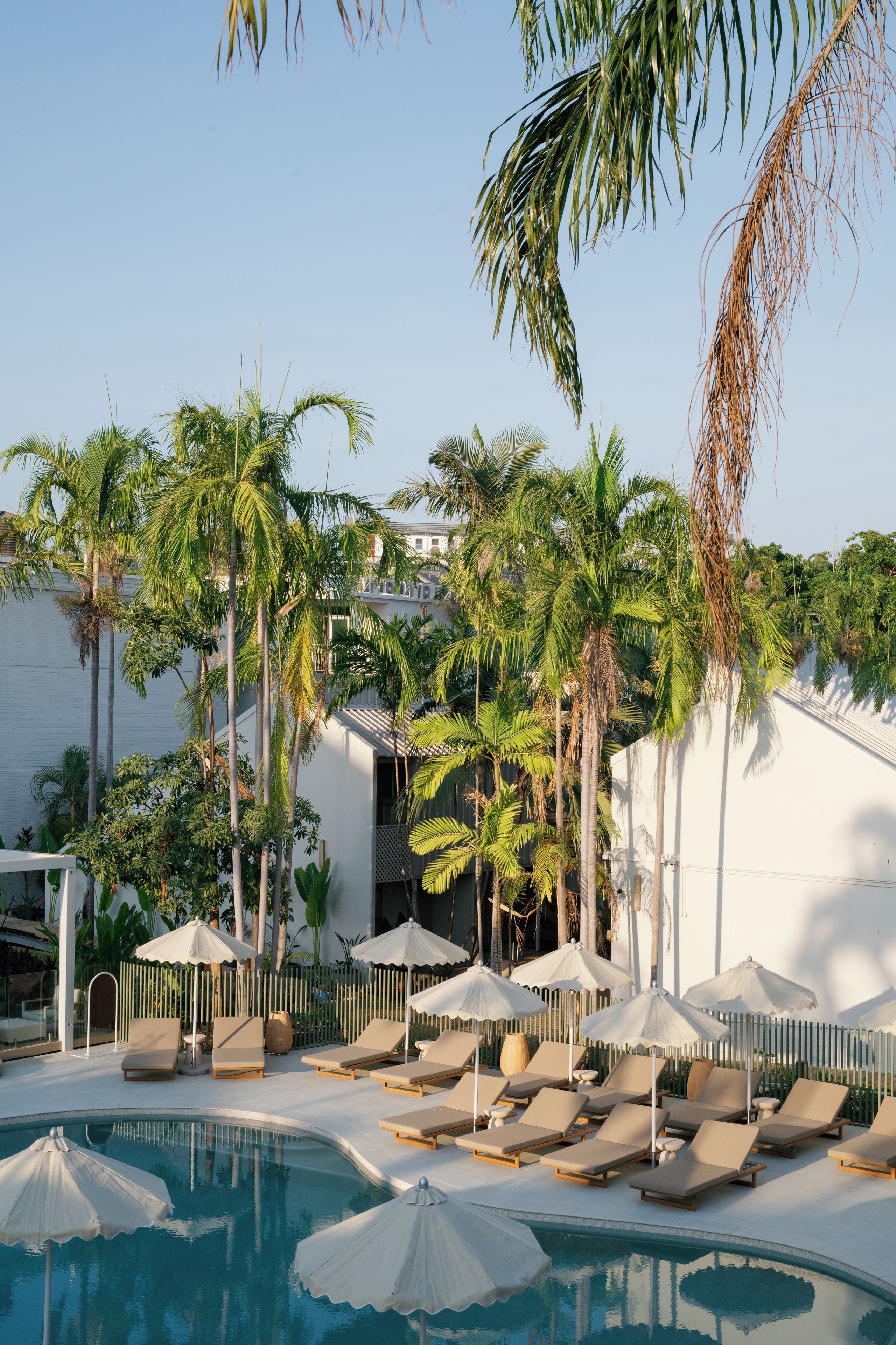 A poolside area with lounge chairs and umbrellas, surrounded by palm trees and a building in the background.
