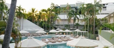 A swimming pool with lounge chairs and umbrellas, surrounded by palm trees and a building in the background.