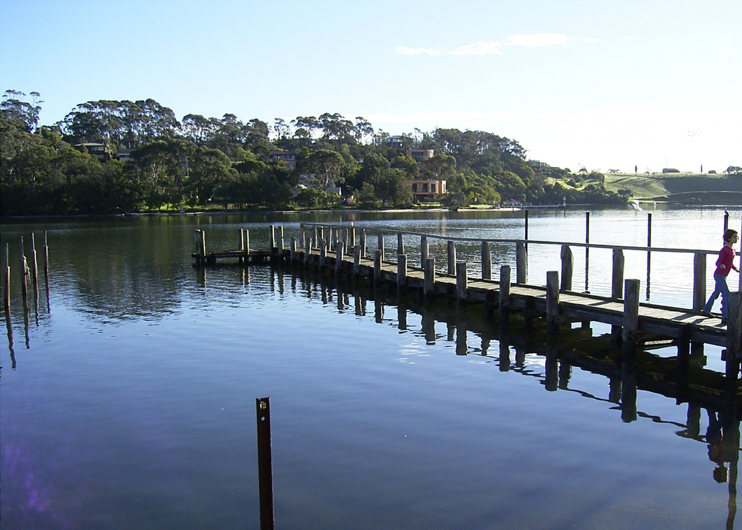 Un lago tranquilo con un muelle de madera que se adentra en el agua.