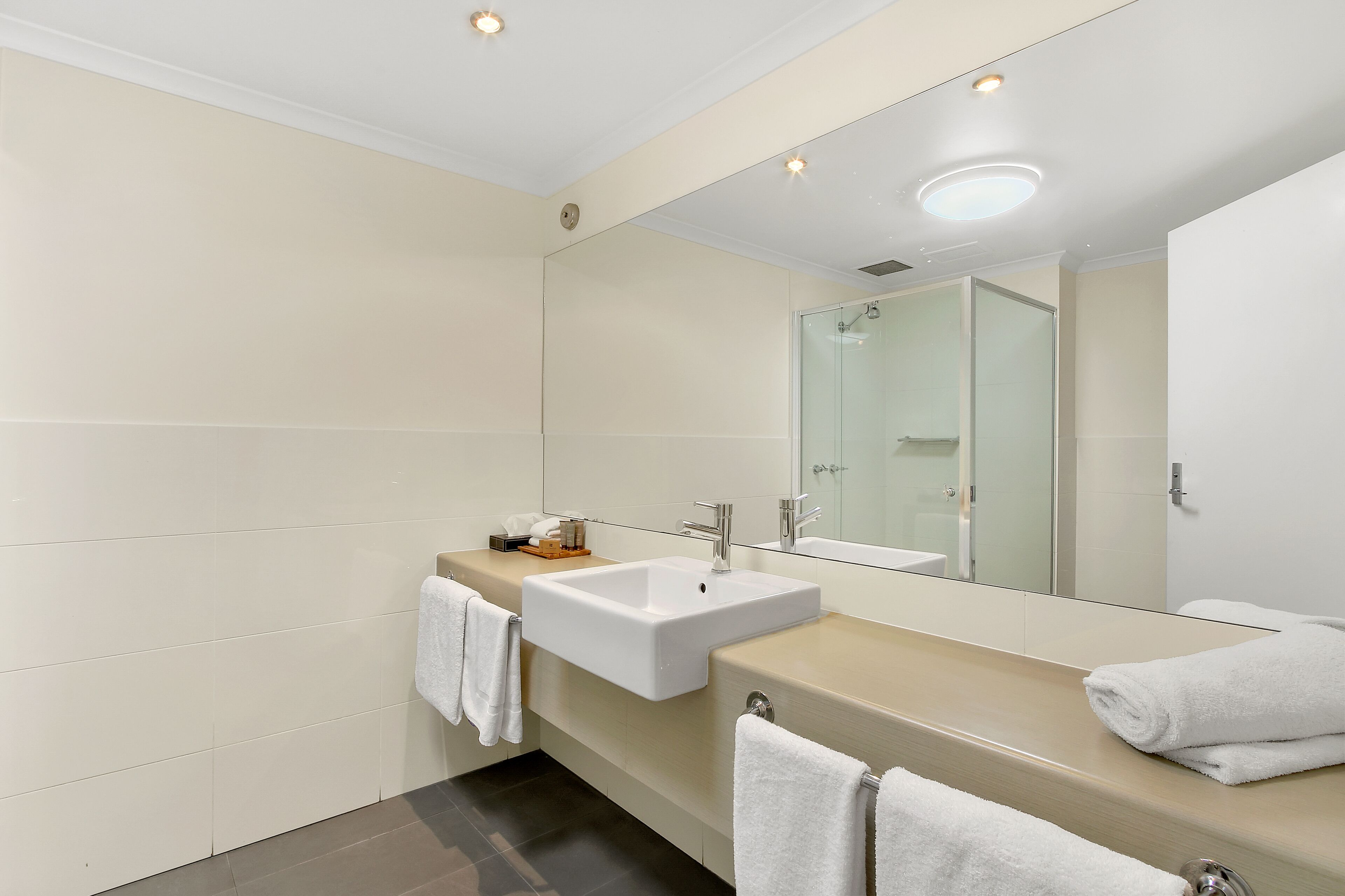 A modern bathroom with a large mirror, a sink, and a shower area.