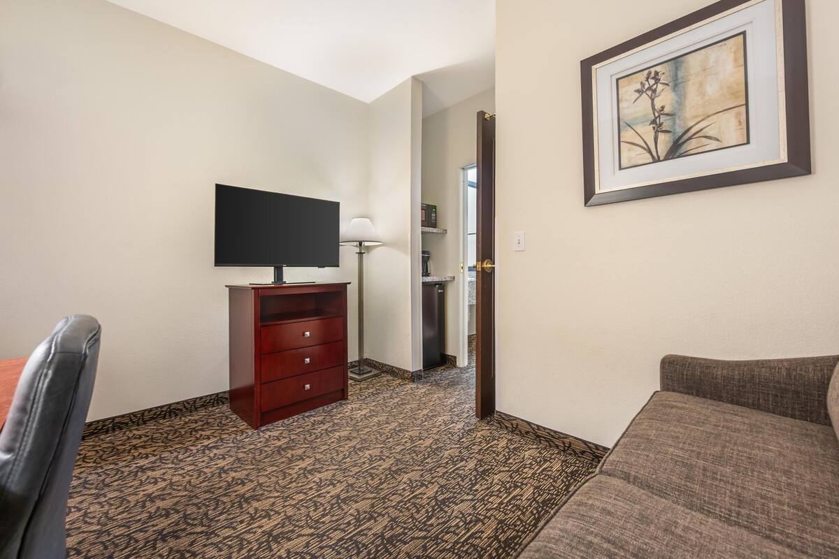 A hotel room with a flat-screen TV on a wooden stand, a sofa, a patterned carpet, and a framed picture on the wall.