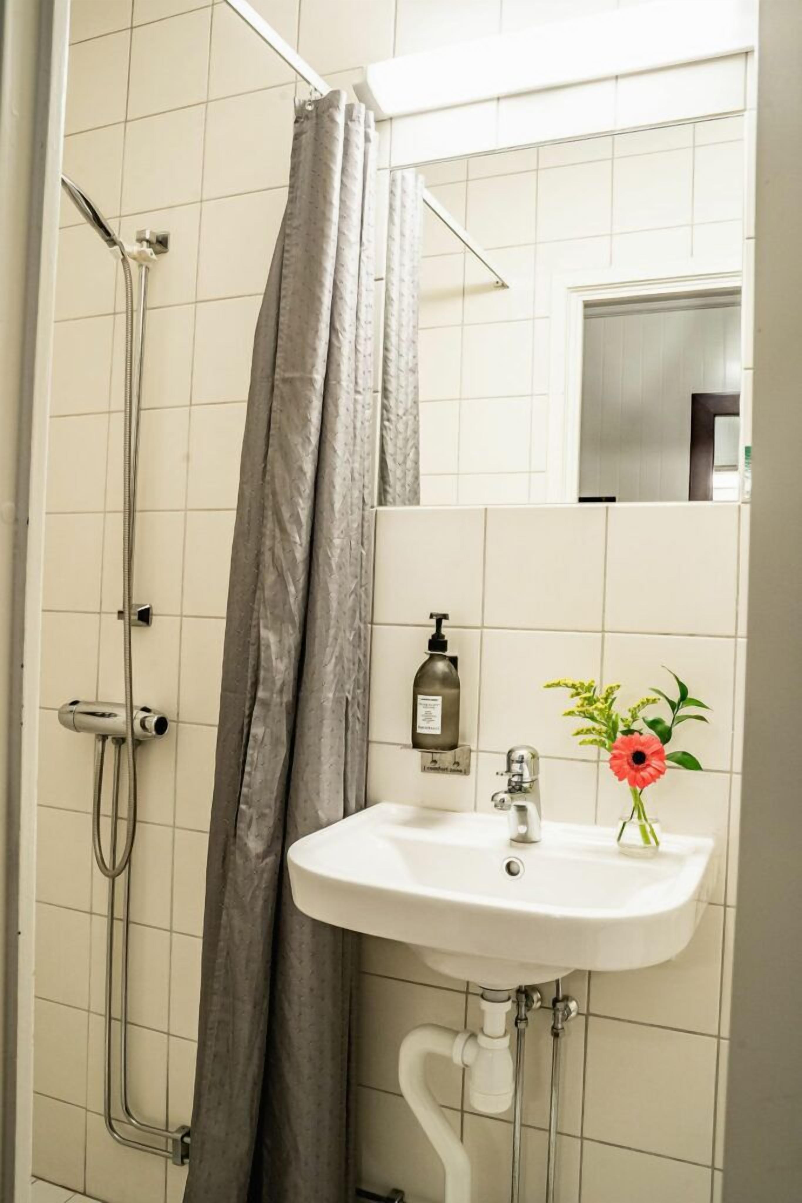 Un baño con ducha, lavabo y espejo.
