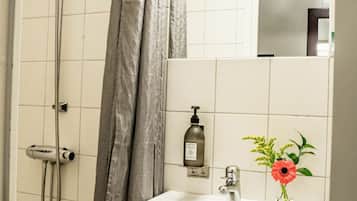 Un baño con ducha, lavabo y espejo.