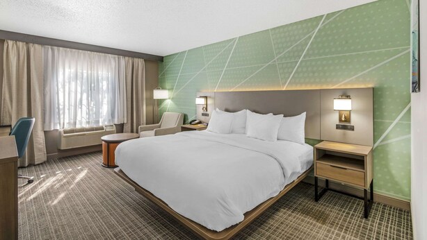 A hotel room with a large bed, a desk, a chair, a nightstand, and a wall-mounted lamp. - Comfort Inn & Suites Louisville Airport Fair & Expo (Louisville)
