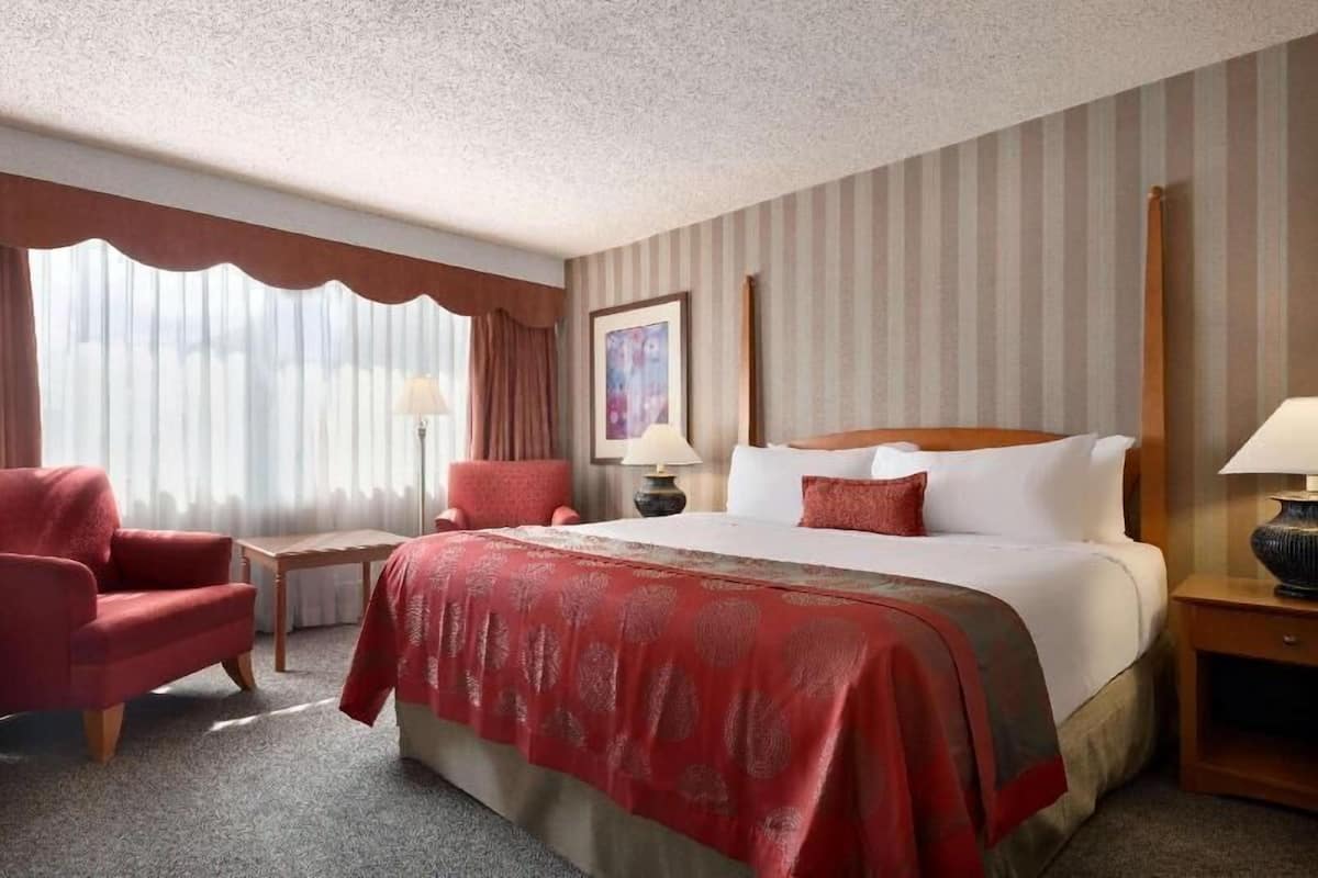Une chambre d’hôtel avec un grand lit, un fauteuil rouge, une table de chevet en bois et une fenêtre avec des rideaux.