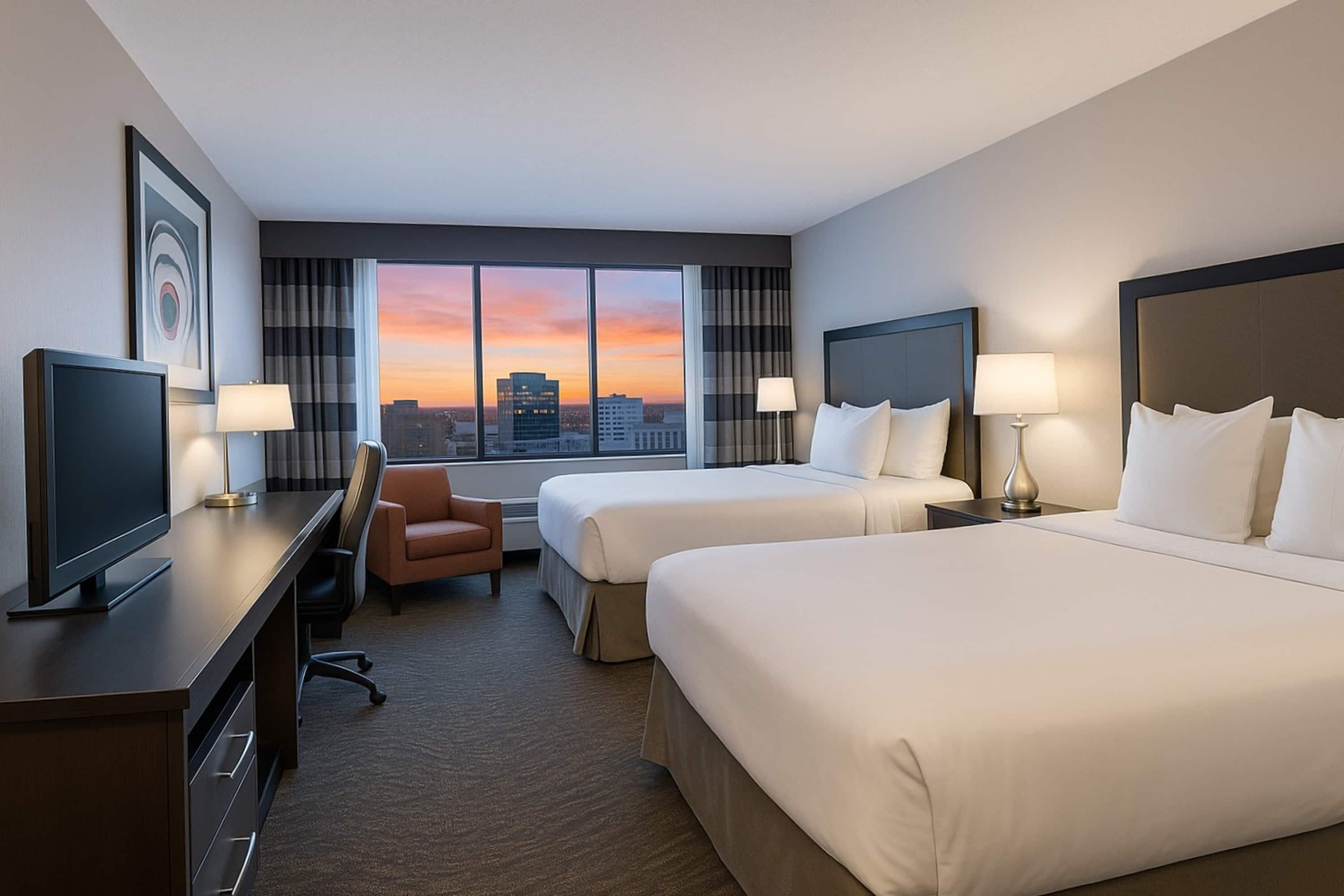 Standard Room, 2 Queen Beds, Non Smoking | In-room safe, desk, laptop workspace, blackout drapes