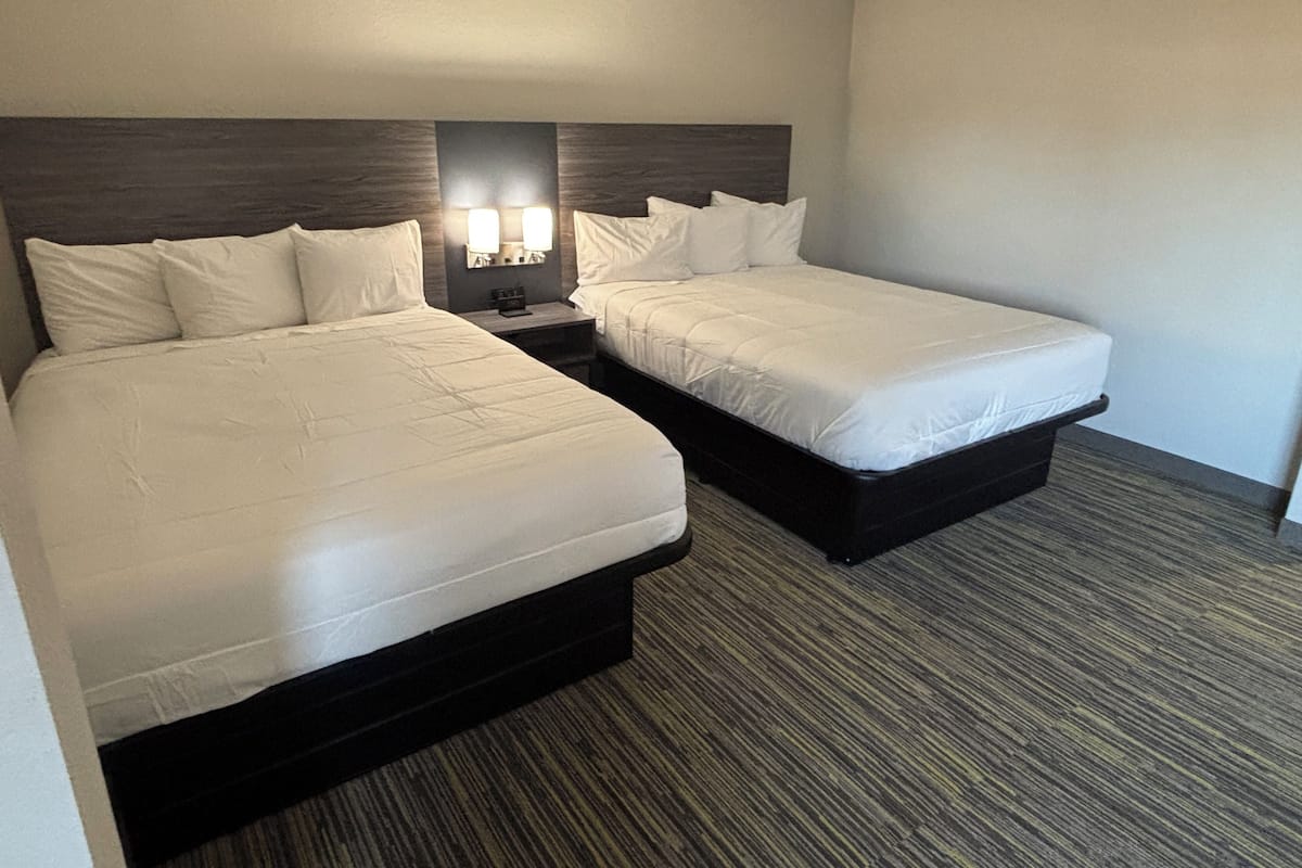 A hotel room with two beds, a nightstand with a lamp, and a carpeted floor.