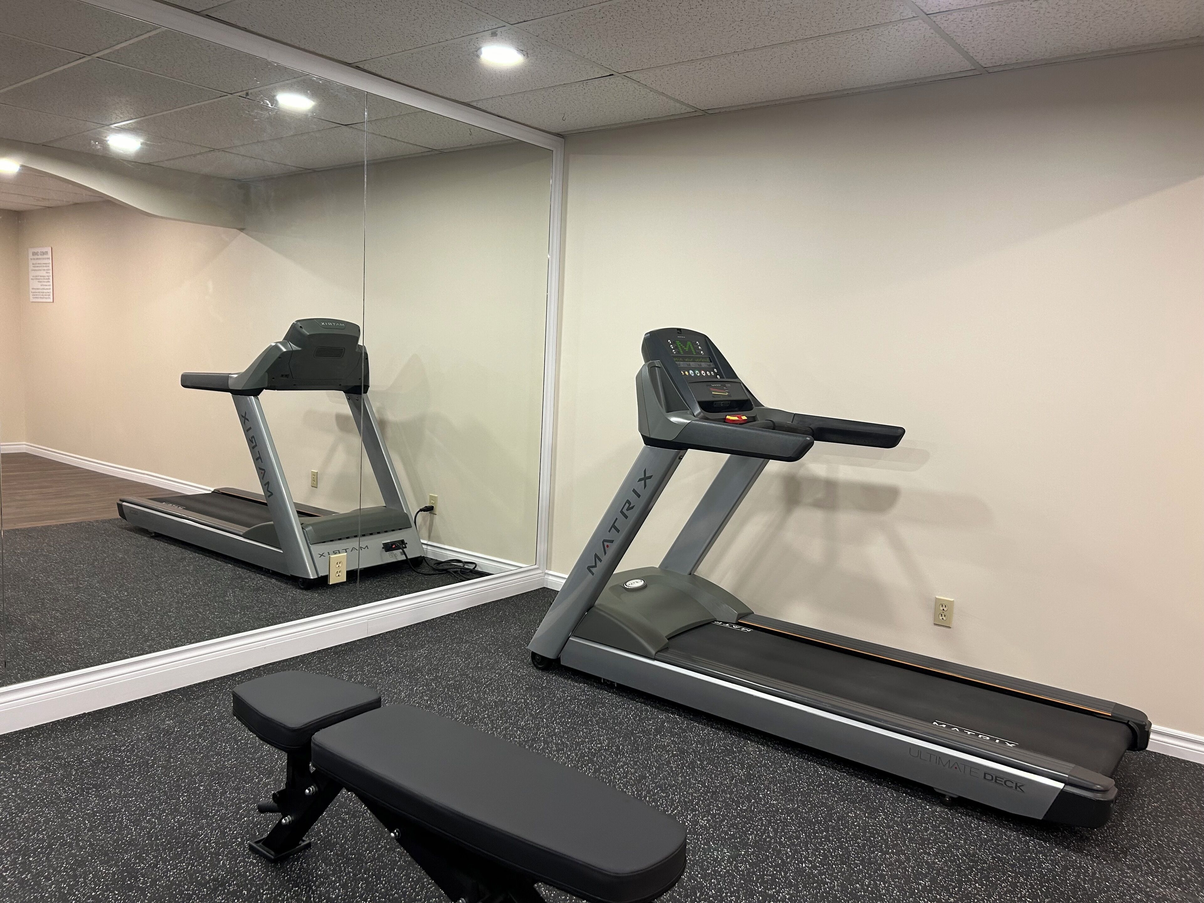A gym with two treadmills and a bench.