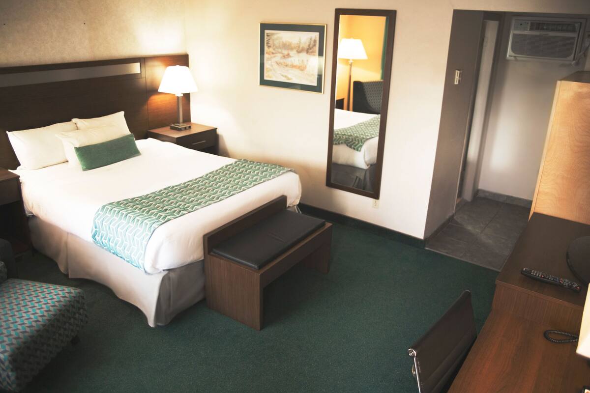 Habitación de hotel con cama, mesita de noche, lámpara, espejo y escritorio con silla.