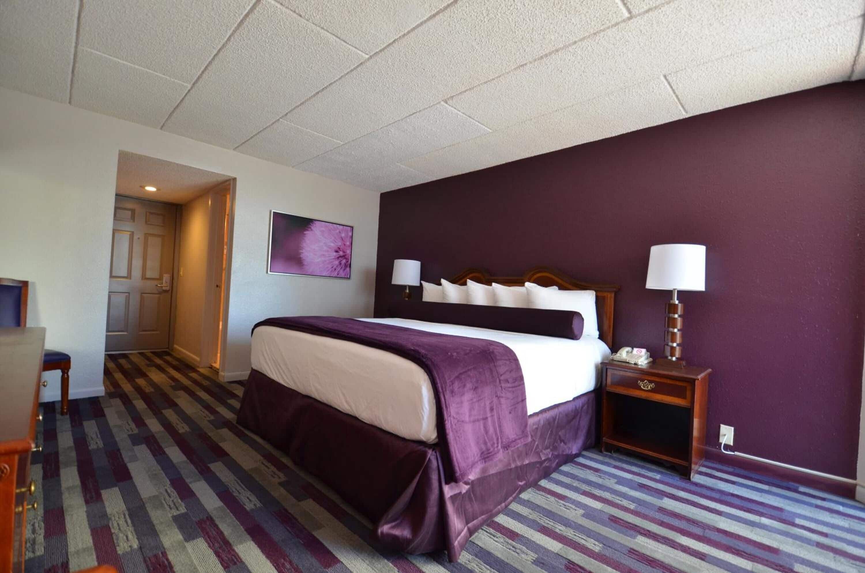 Een hotelkamer met een groot bed, een nachtkastje met een lamp, en een deur die naar een andere kamer leidt.