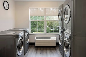 A laundry room with two front-loading washers, a dryer, and a window with a view of trees.