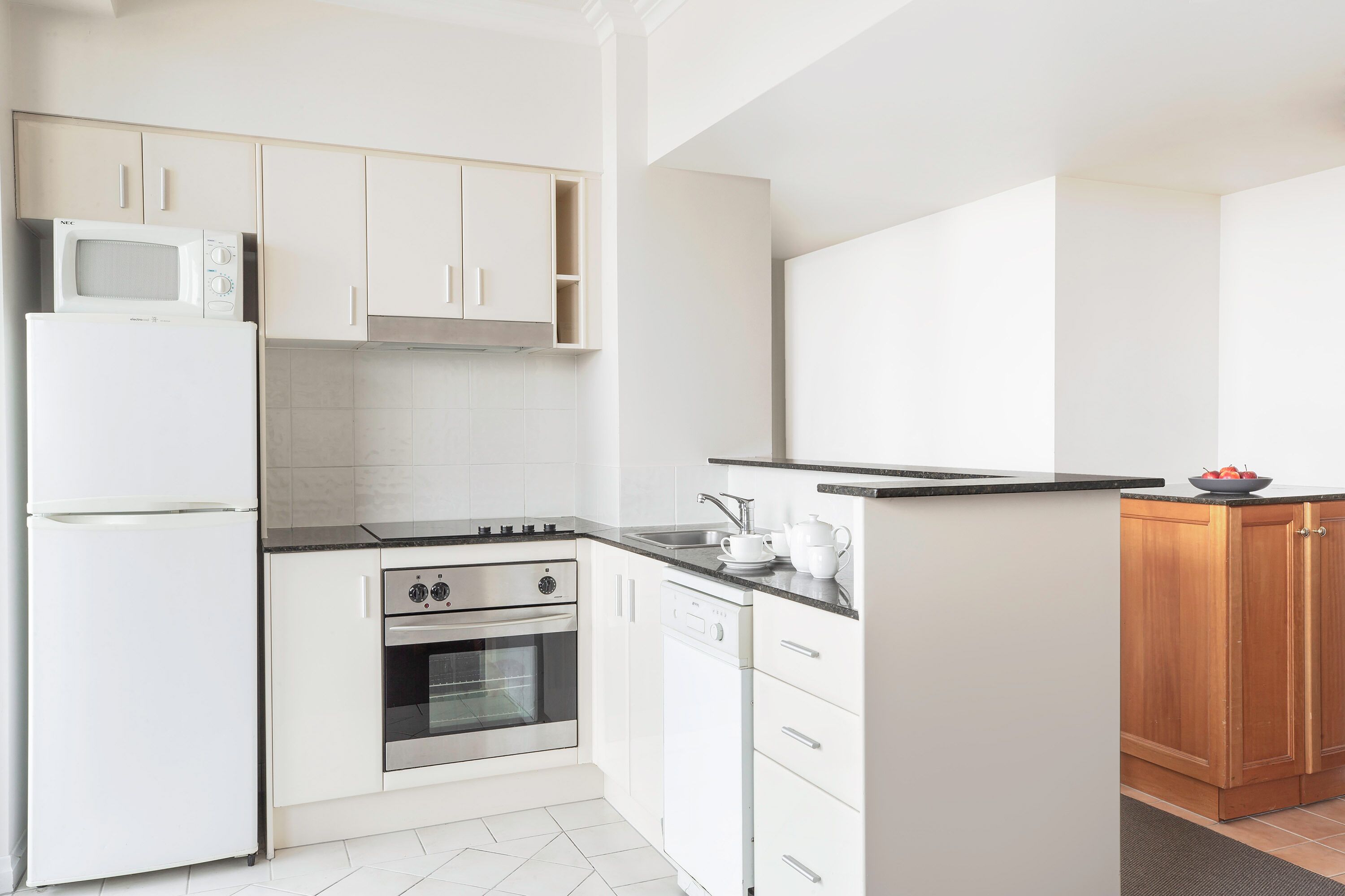 fridge, microwave, coffee/tea maker, electric kettle