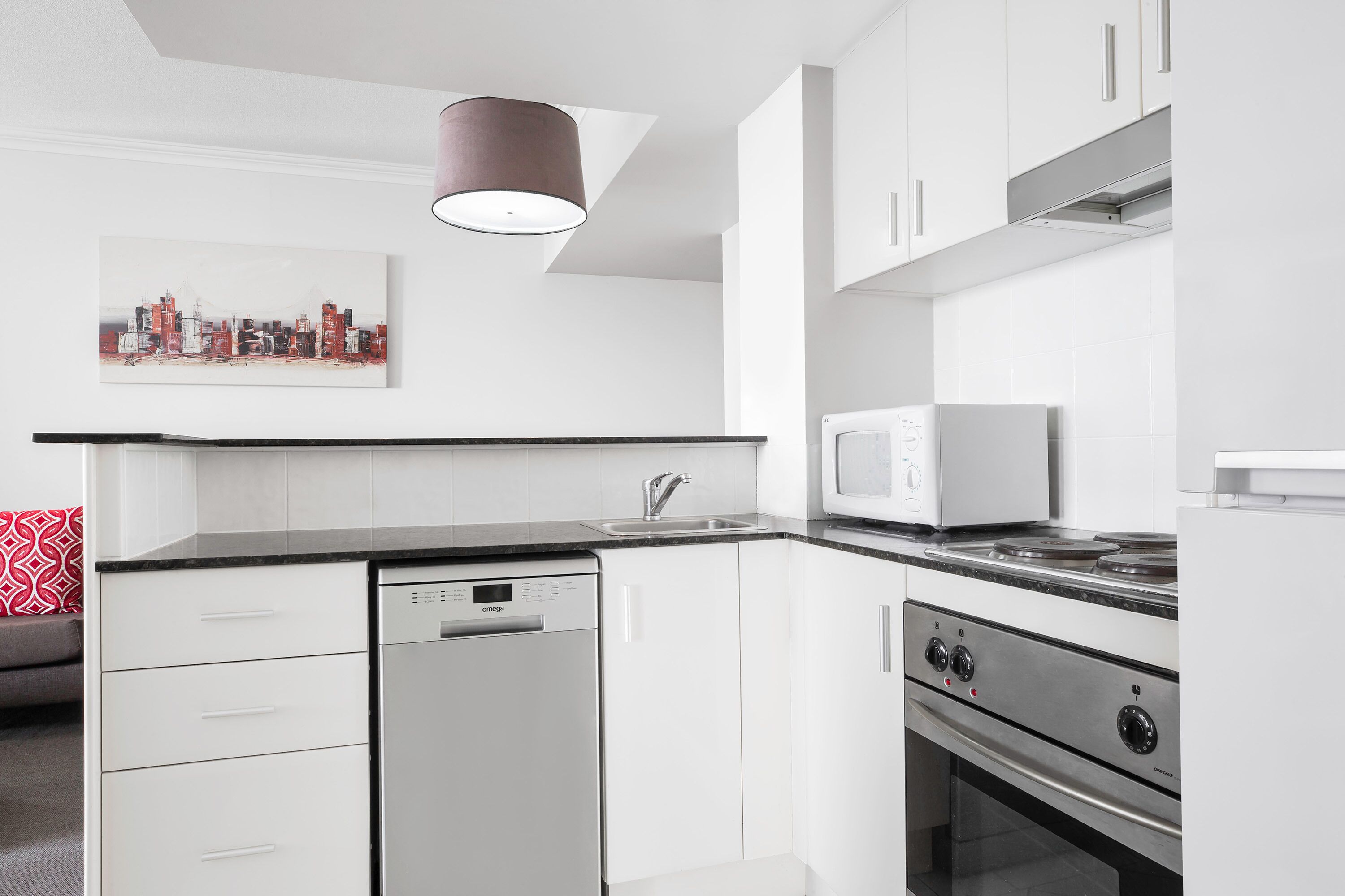 fridge, microwave, coffee/tea maker, electric kettle