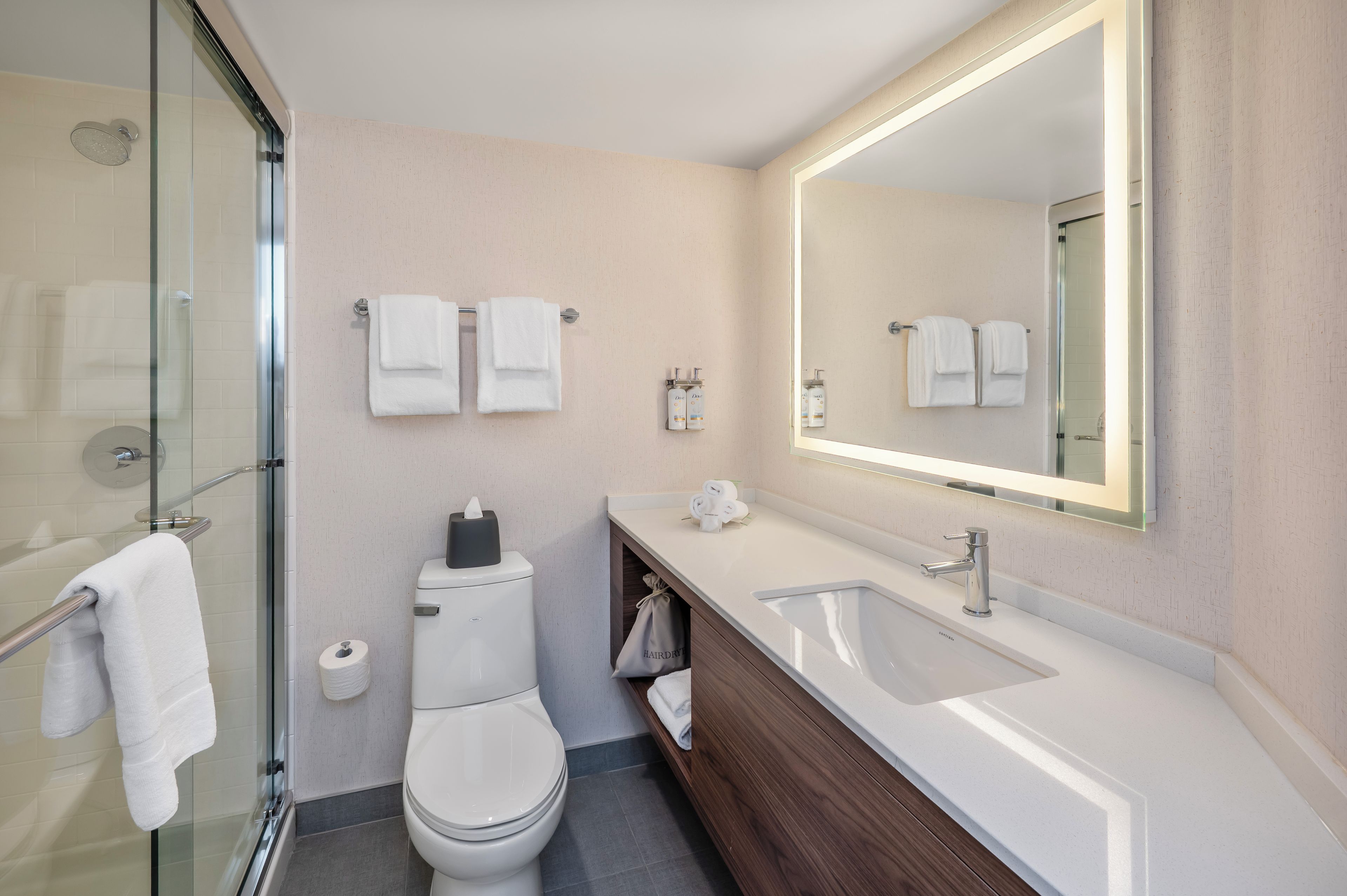A modern bathroom with a glass shower enclosure, a toilet, a sink, and a large mirror.