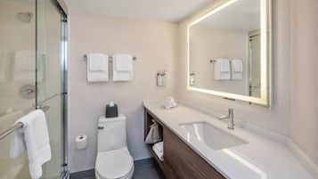 A modern bathroom with a glass shower enclosure, a toilet, a sink, and a large mirror.