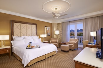 Pillowtop beds, in-room safe, desk, laptop workspace at JW Marriott Las Vegas Resort & Spa