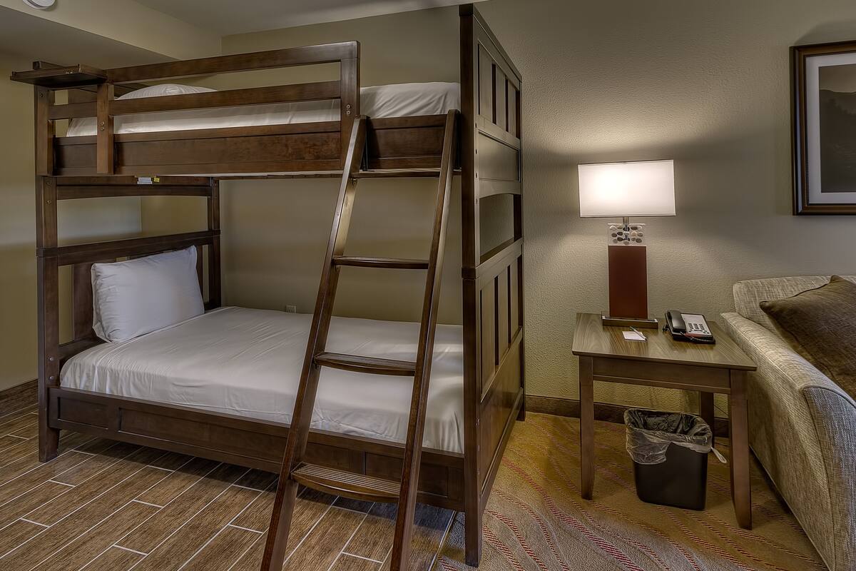 A bunk bed with a ladder, a bedside table with a lamp, a trash bin, and a couch.