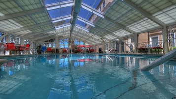 Indoor pool, a heated pool, pool loungers