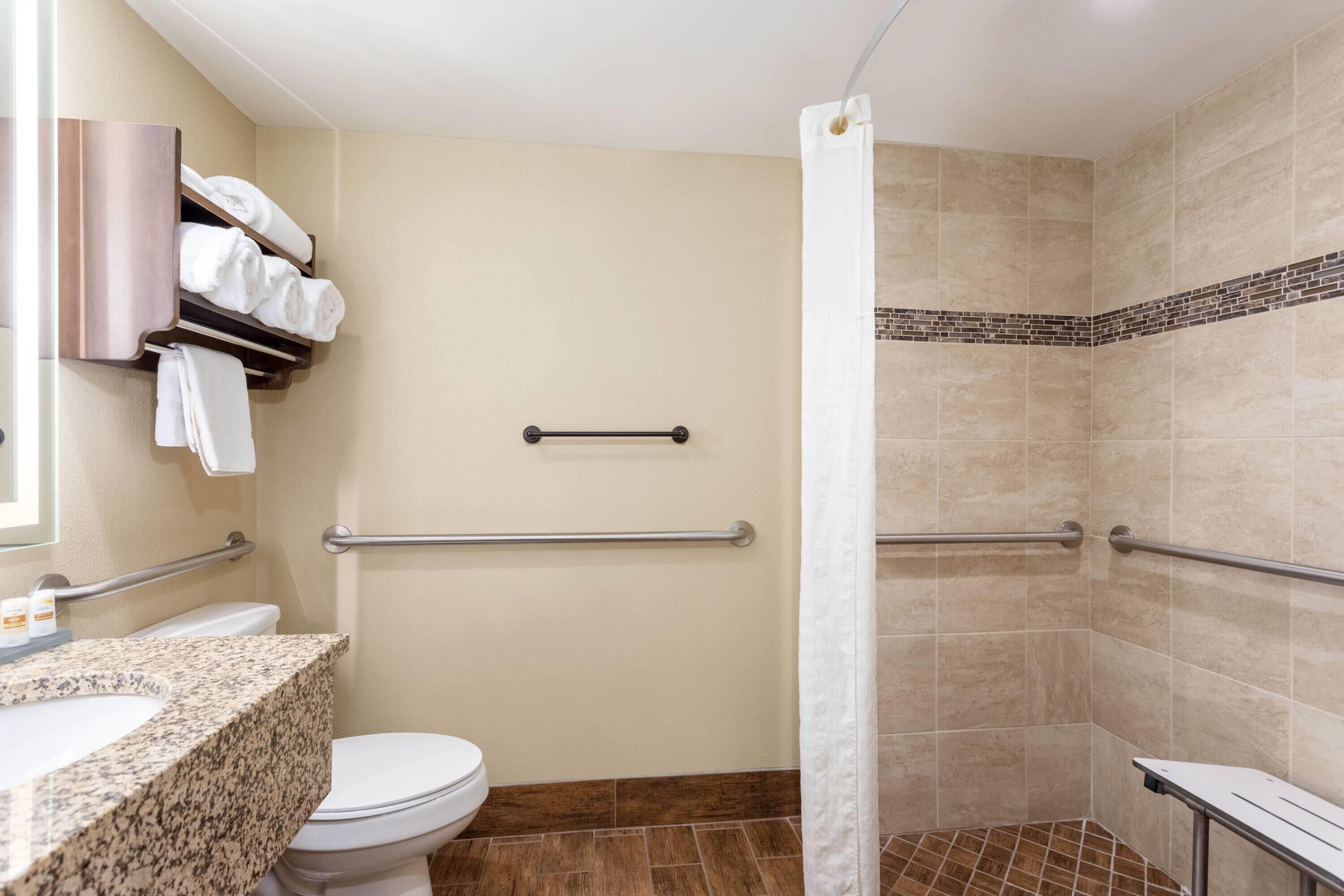 Een badkamer met toilet, wastafel, handdoekrek en douchegedeelte met handgrepen.