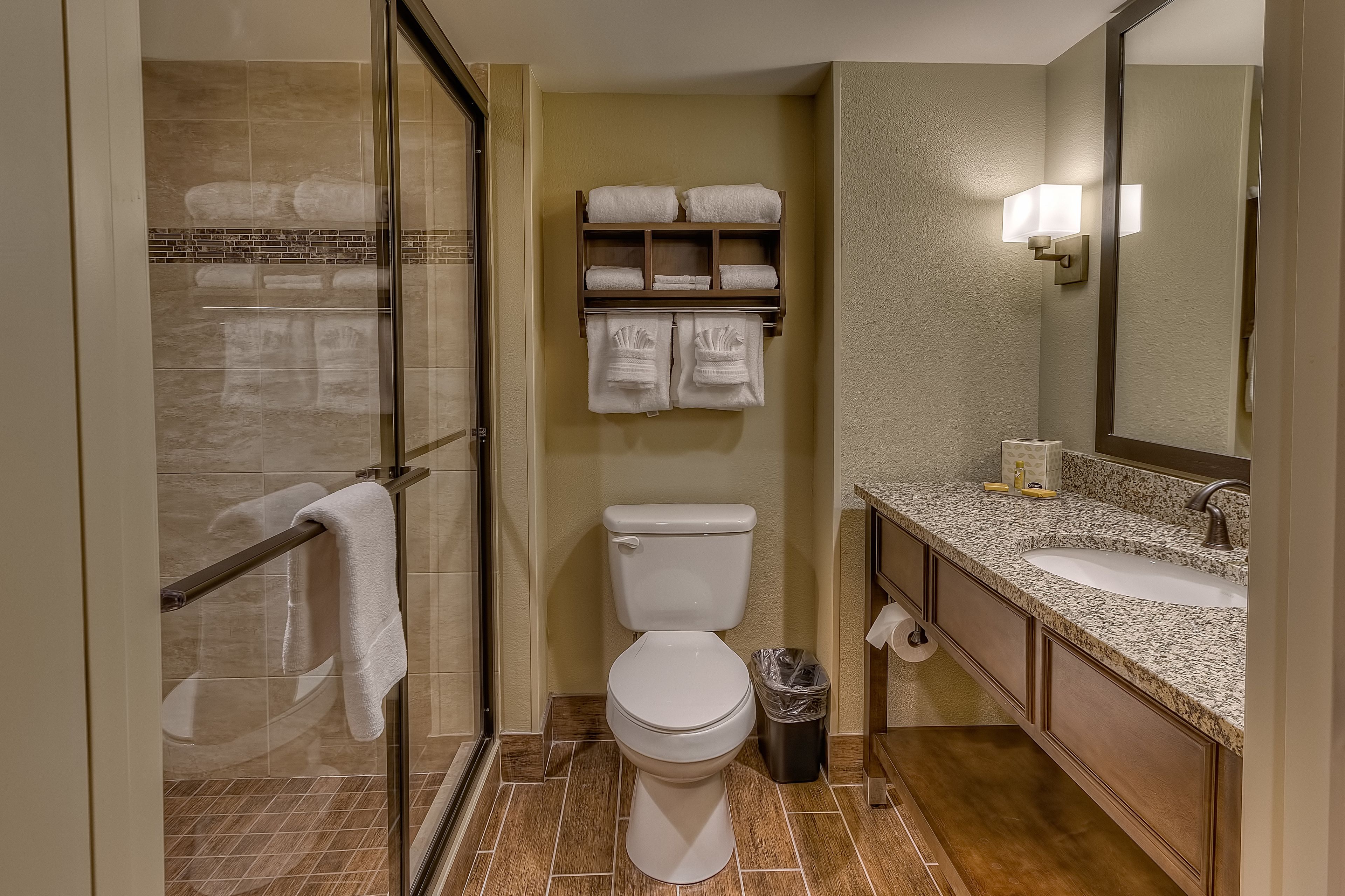 combined shower/bathtub, free toiletries, hair dryer, towels