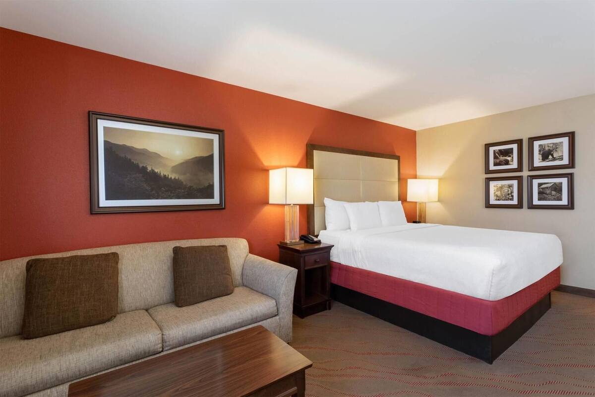 Premium bedding, desk, laptop workspace, blackout drapes