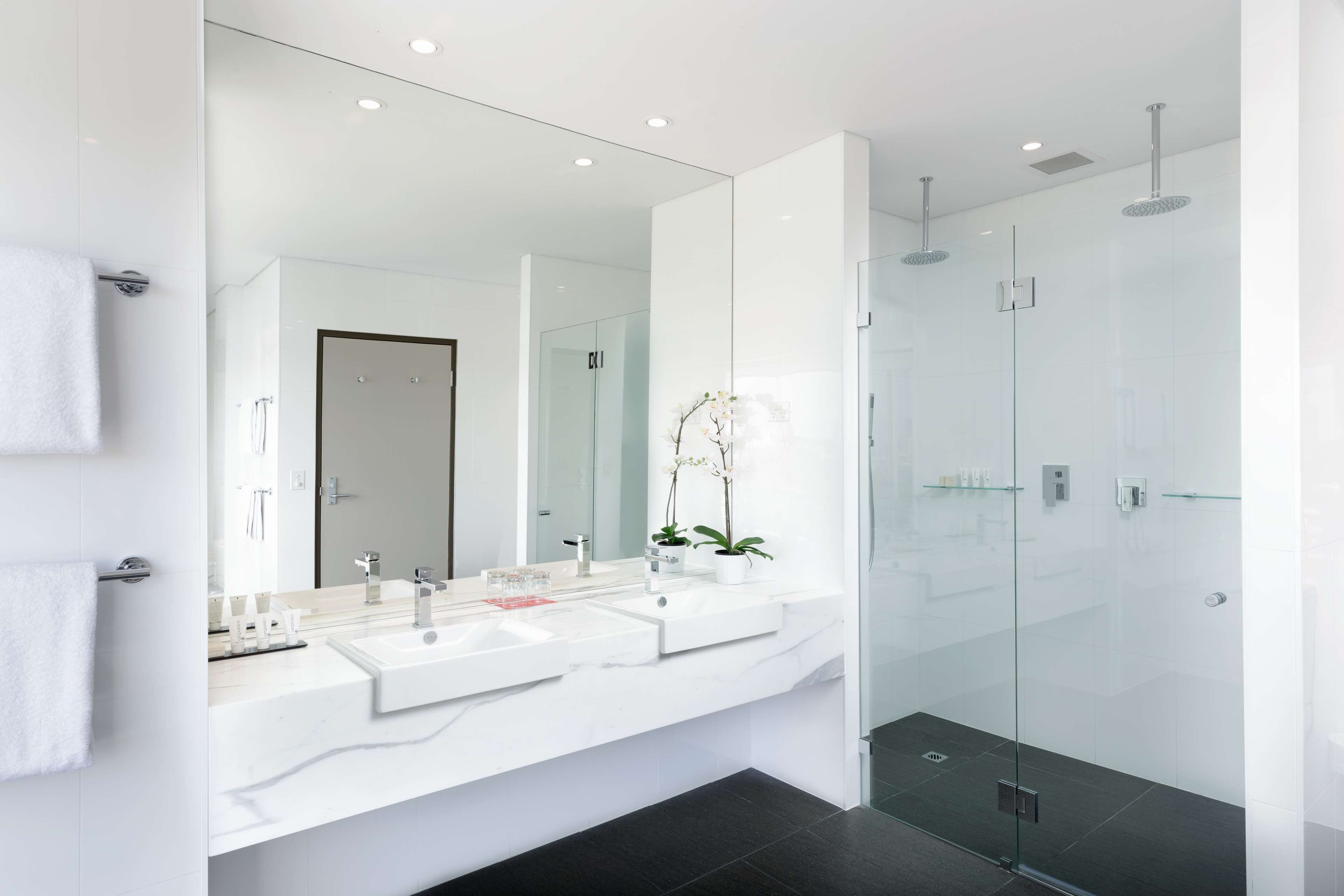 eco-friendly toiletries, hair dryer, towels, soap