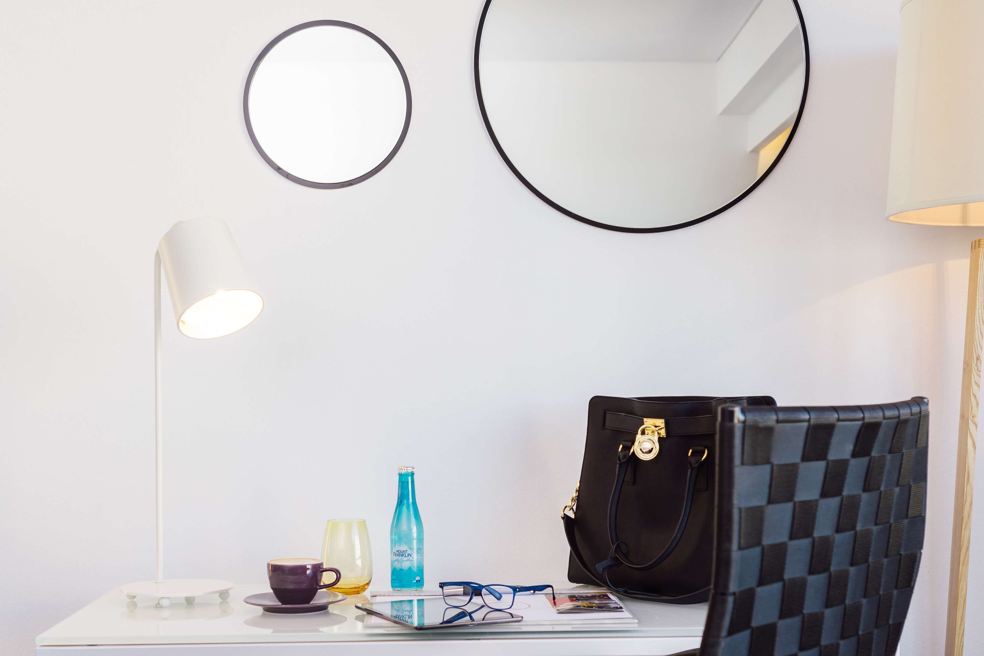 minibar, desk, laptop workspace, blackout curtains