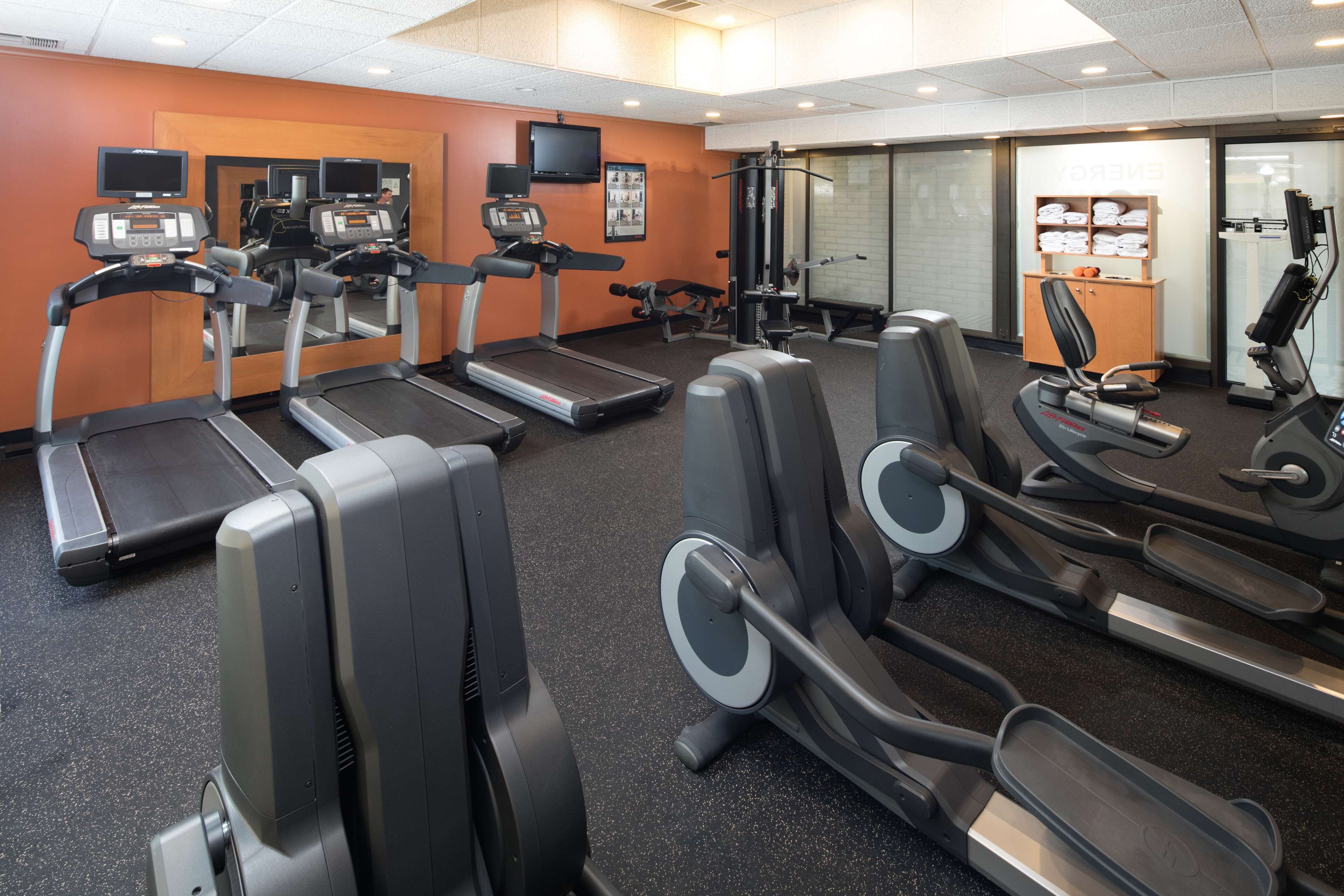 A gym with treadmills, stationary bikes, and weight machines.