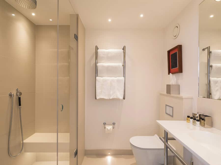 A modern bathroom with a glass shower enclosure, a white toilet, and a vanity with a mirror.