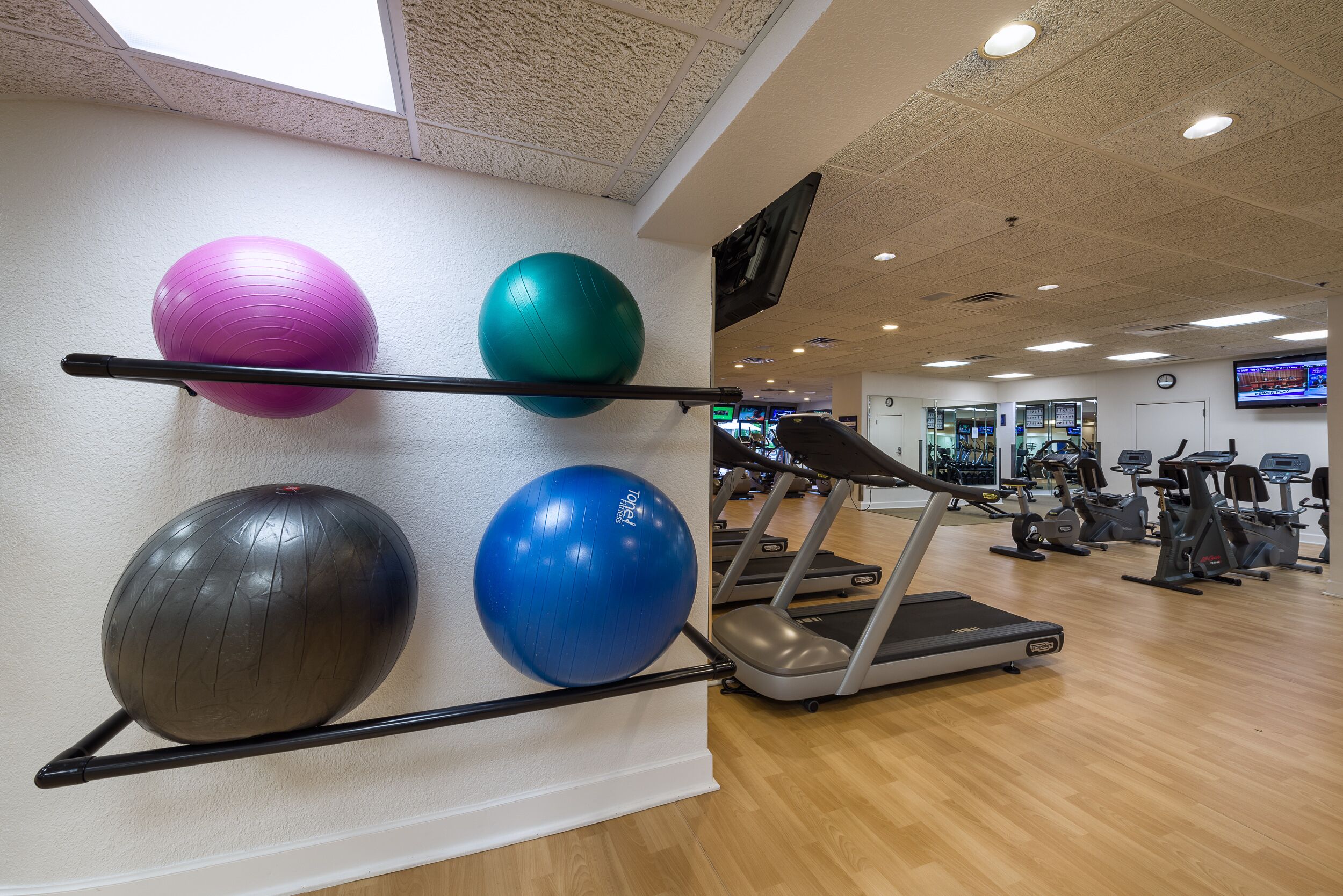 Academia com bolas de exercício, esteiras e diversos equipamentos de ginástica.