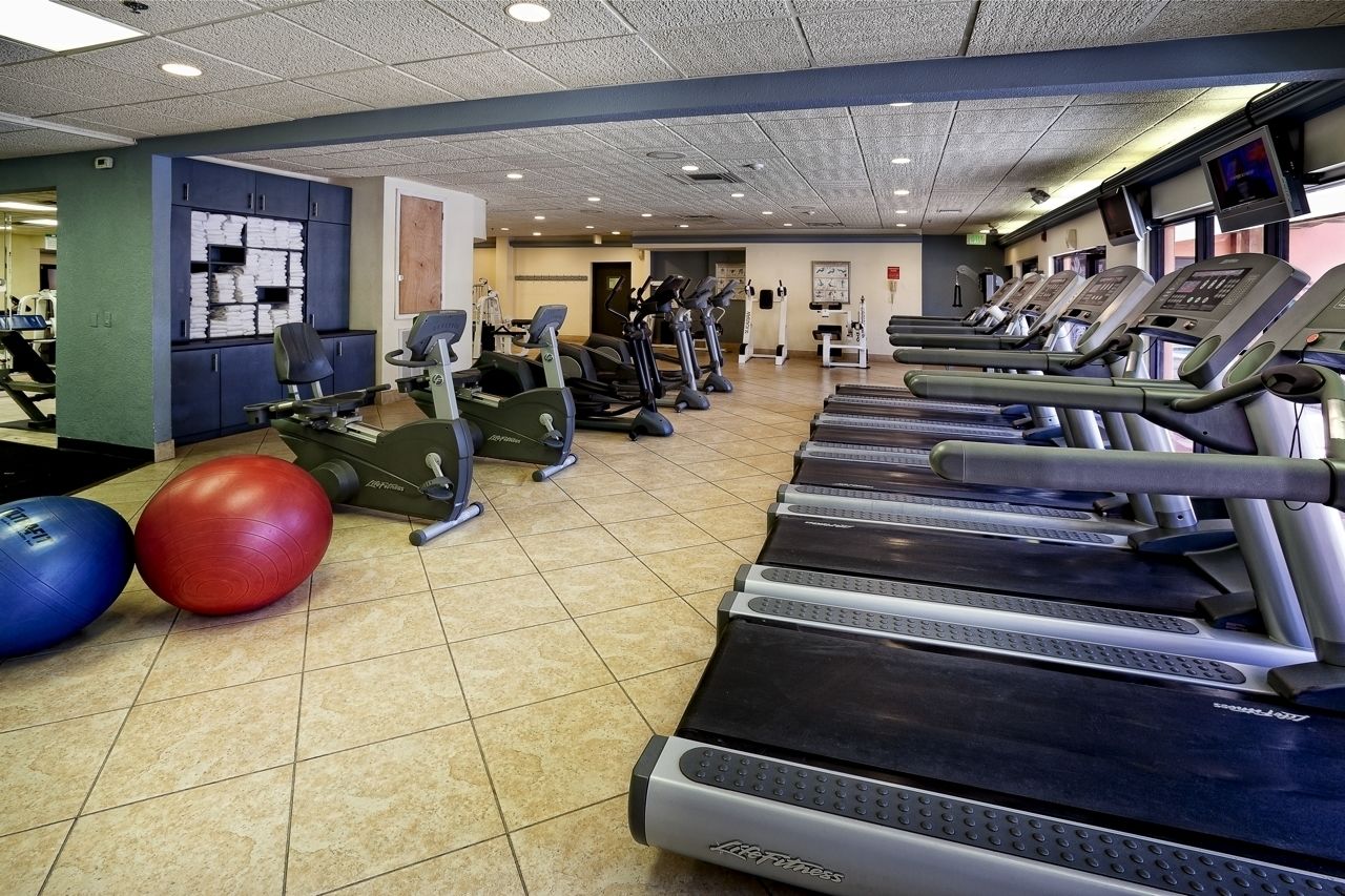 A gym with treadmills, elliptical machines, and exercise balls.
