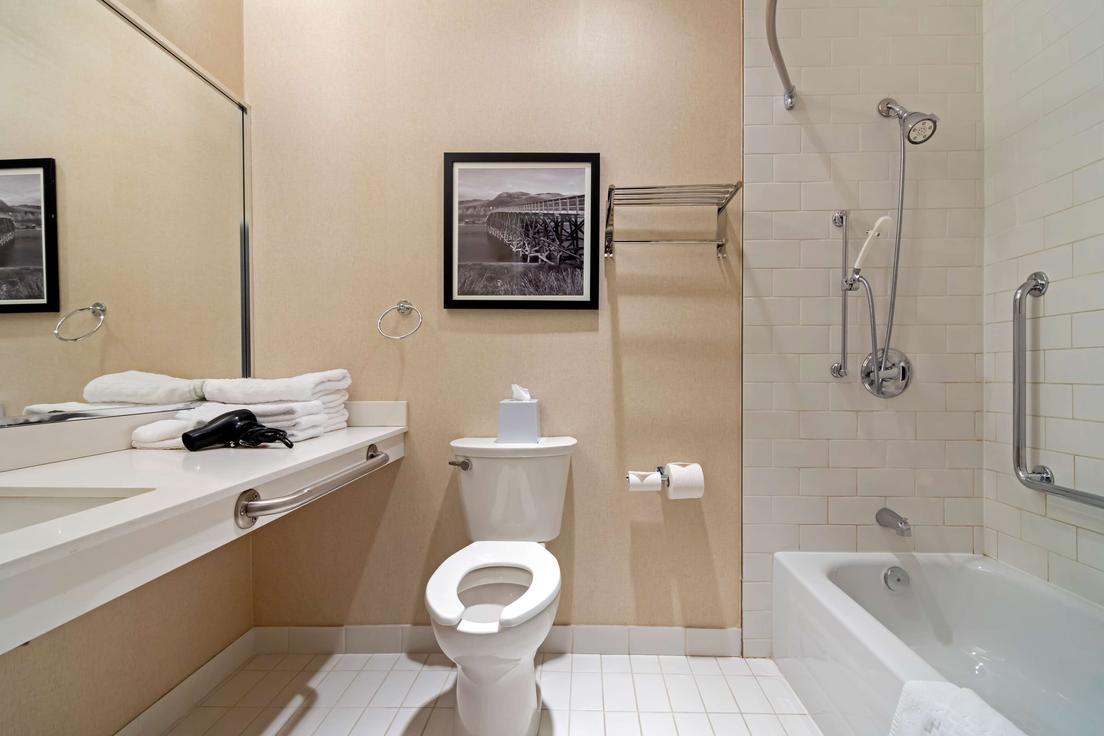 Une salle de bain avec des toilettes, un lavabo et une baignoire. Un tableau encadré est accroché au mur, et il y a un porte-serviettes.