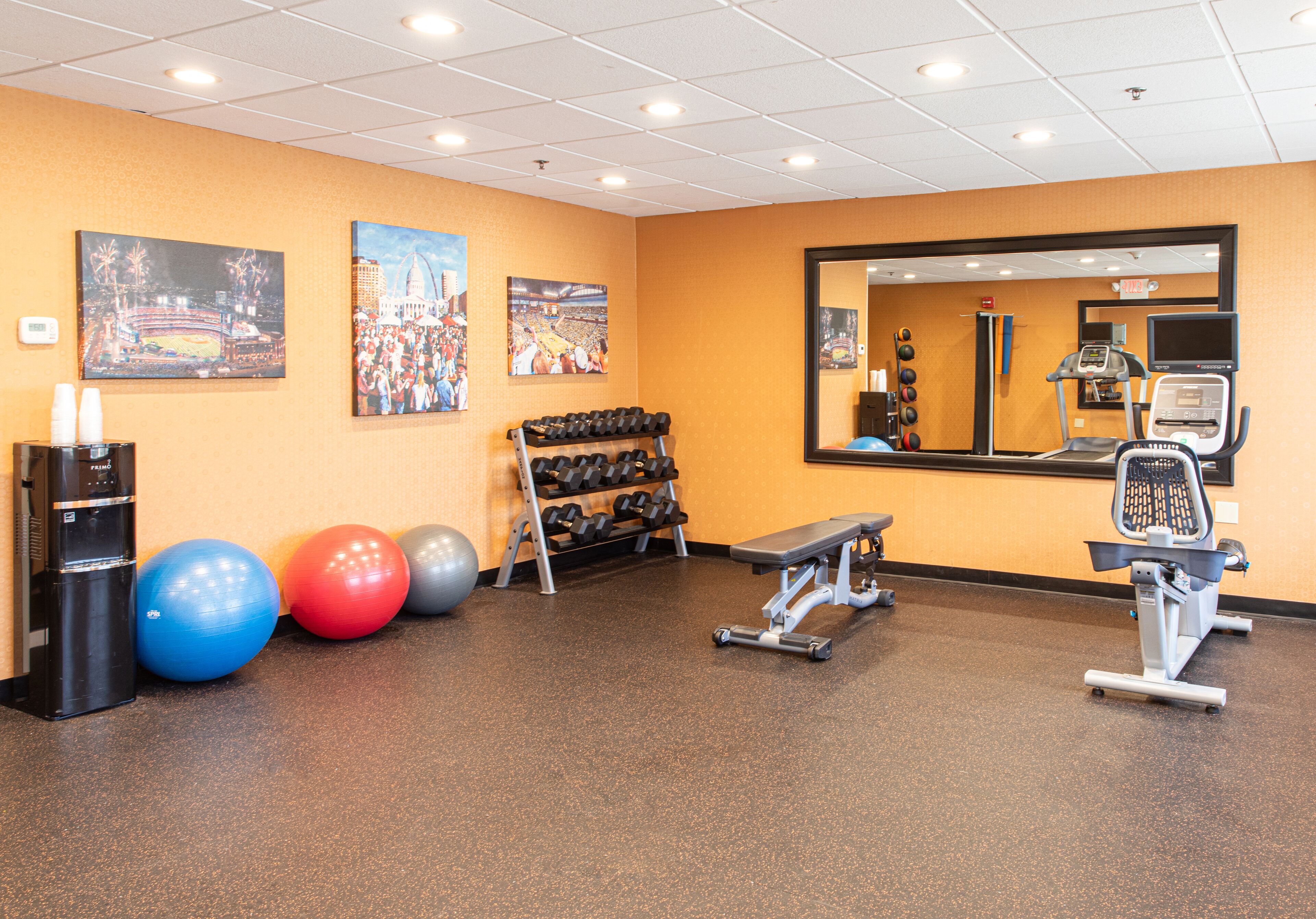A gym with exercise equipment, dumbbells, and exercise balls.