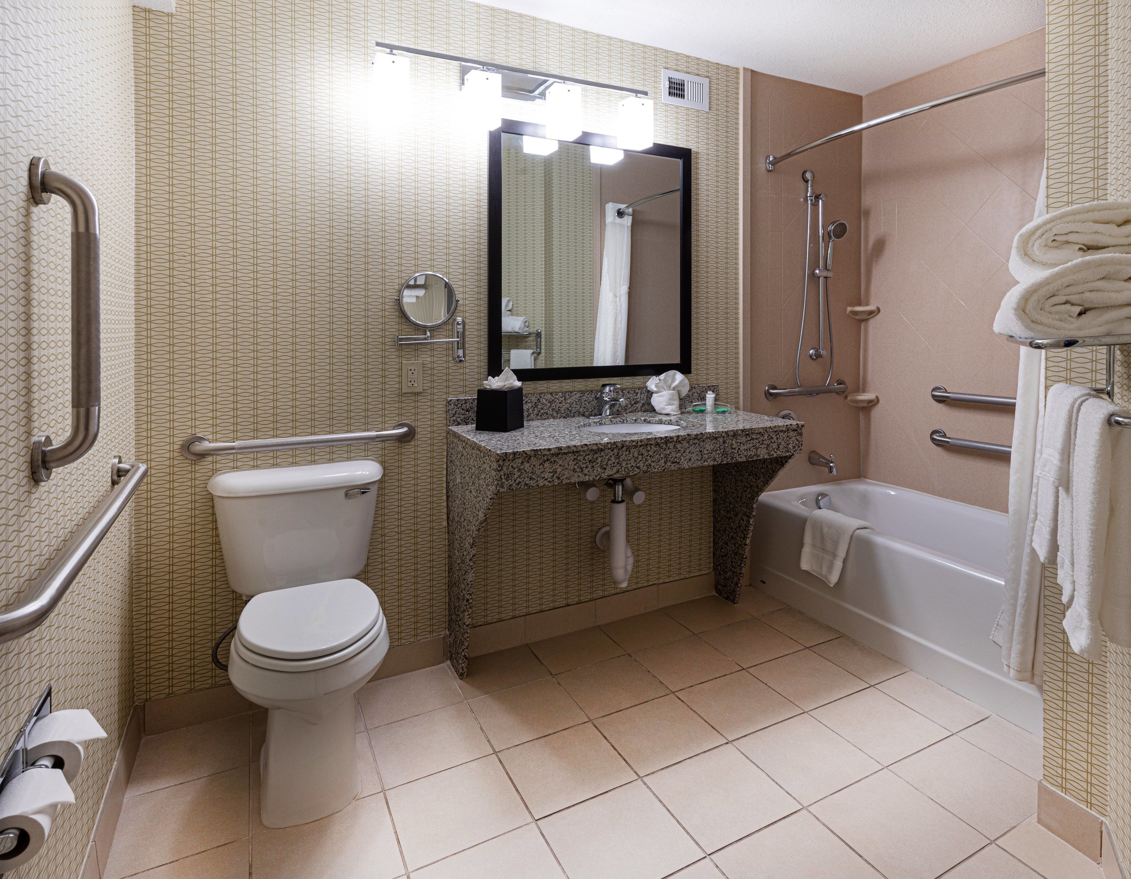 A bathroom with a toilet, sink, mirror, shower, and grab bars.