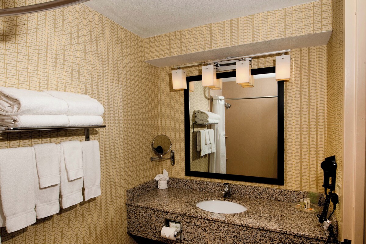 Een badkamer met een granieten aanrechtblad, een wastafel, een spiegel en een handdoekrek met opgevouwen handdoeken.